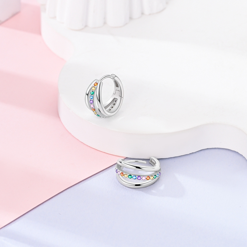 Women's Iridescent Multi-Layer Hoop Earrings, 925 Silver